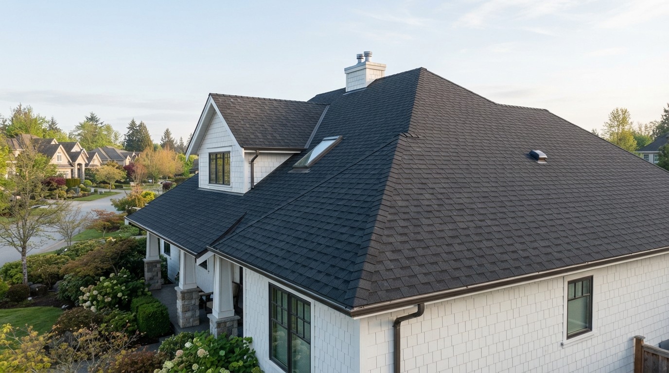 Suburban house roof with neat architectural shingles under soft morning light