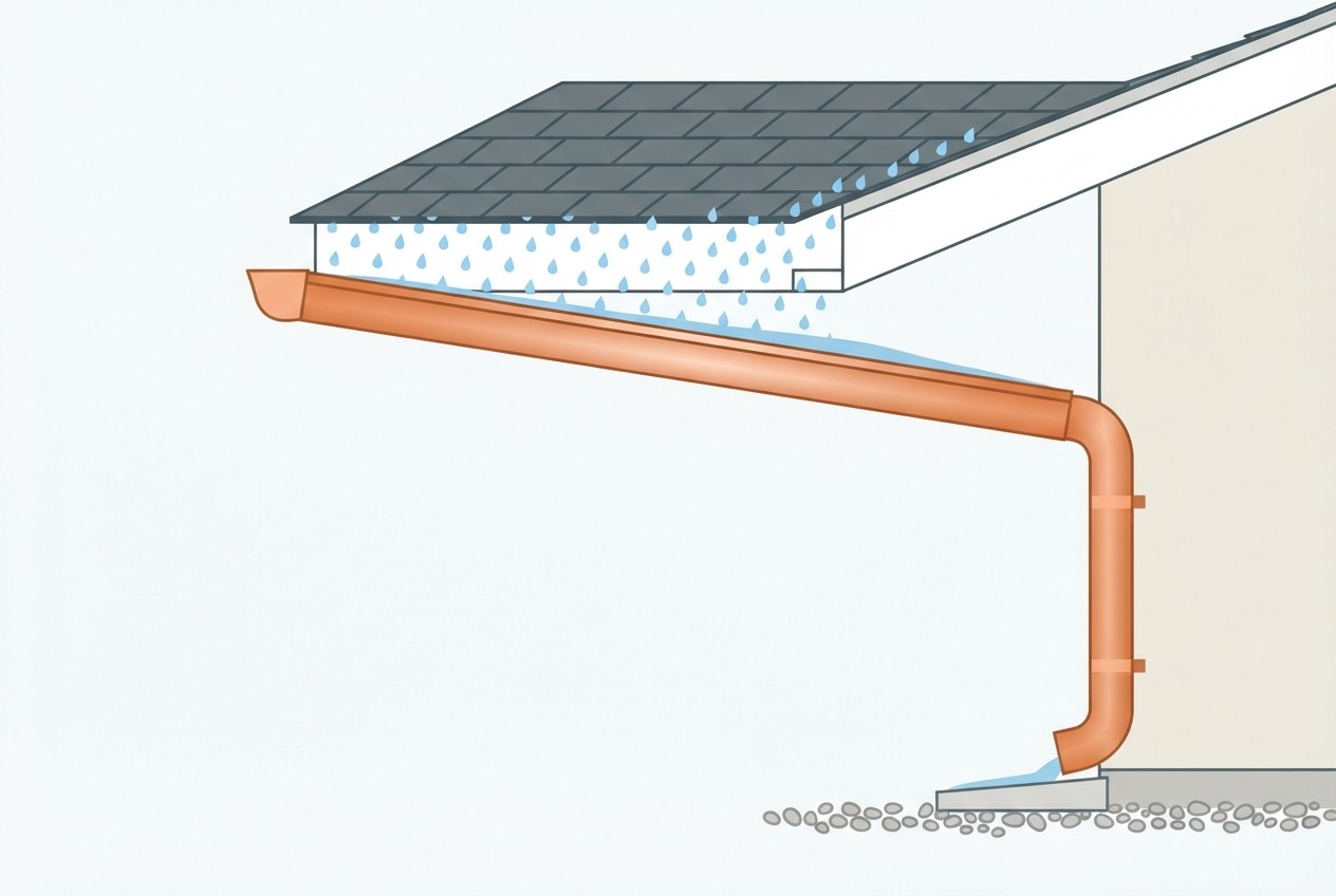 Roof edge with gutter sloping toward a downspout