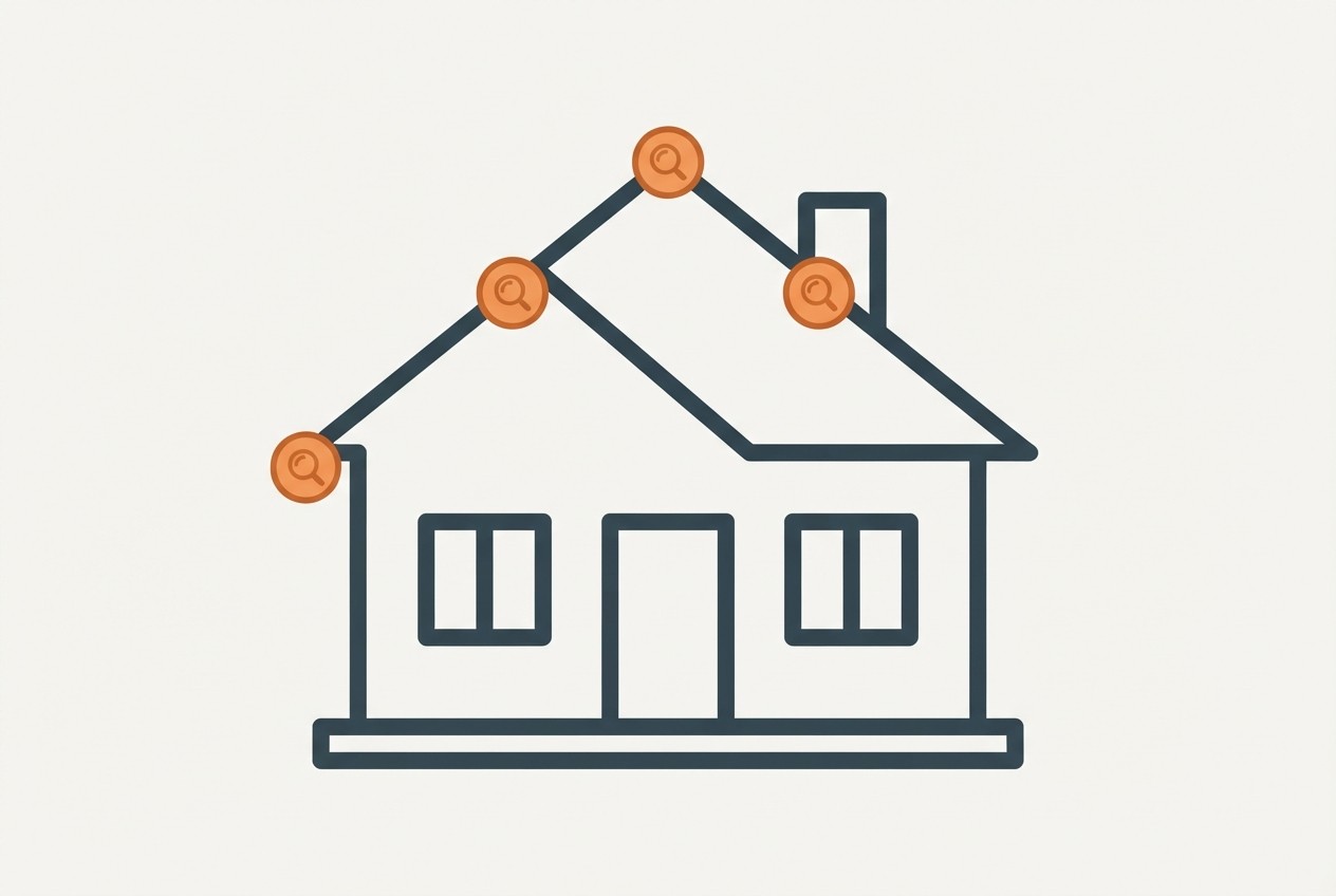 House outline with magnifier marks at ridge, valley, eave and chimney